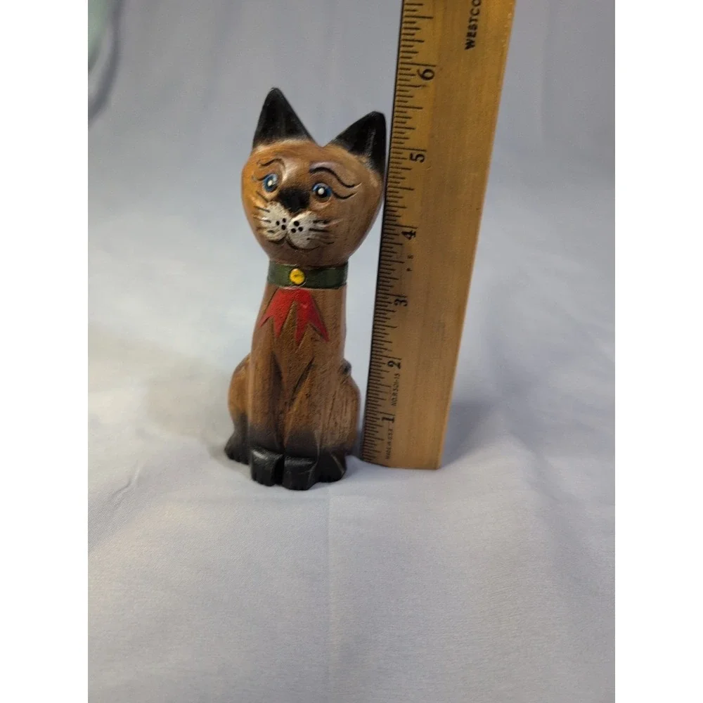 Vintage‎ Wood Hand Carved Siamese Cat Figure Collectible Decor Good Luck Cat